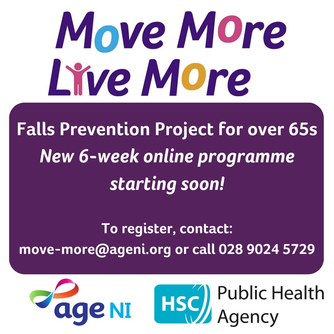New 6 week online Move More Live More programme starting soon! 

MMLM is a falls prevention programme for older people. Join us for either the Fri sessions (11am) starting 15/9, or Tues sessions (2pm) starting 19/9.

To register, contact move-more@ageni.org or call 028 9024 5729.