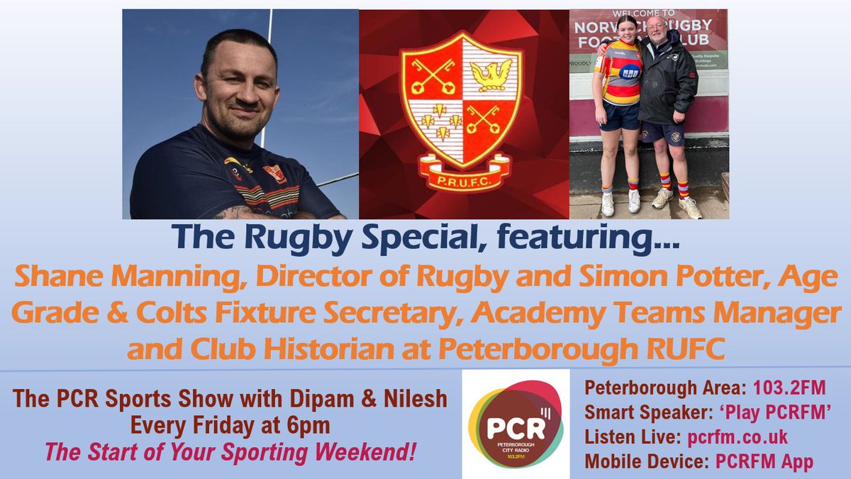 SportsPcr's tweet photo. On Tonight's Show at 6pm:
Shane Manning, Director of Rugby @PRUFC & Simon Potter, Girls Academy Teams Manager at @PBoroGirlsRugby
⏰:Live 6pm
📷:103.2FM
Smart Speaker: 'Play PCRFM'
Listen Live: https://t.co/uIxJu5wrHj
#pcrfm #pcrsports #peterborough #rugby #friday #prufc #pufc https://t.co/FENkJPQKnB
