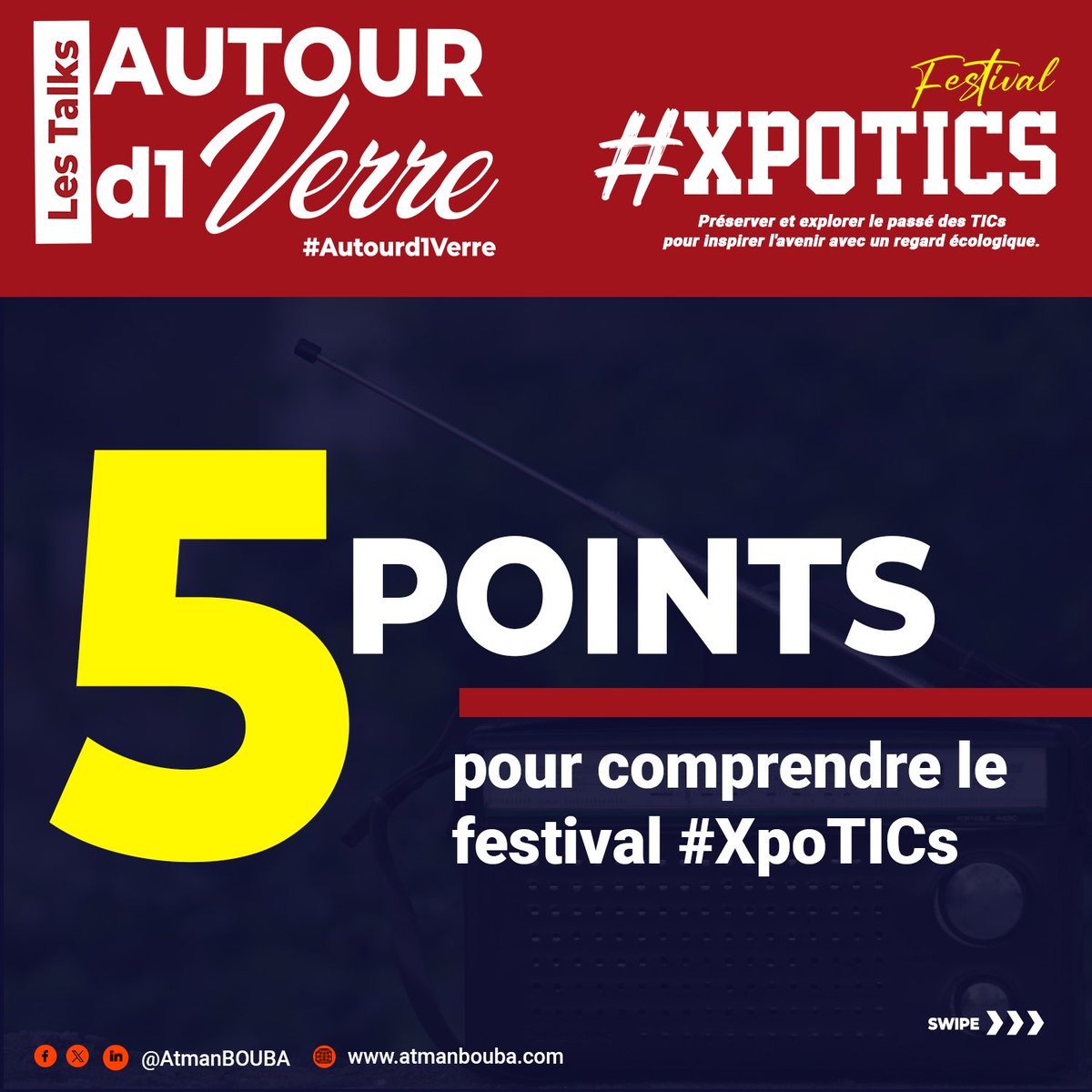 AtmanBOUBA's tweet photo. Depuis quelques jours, nous faisons du bruit autour du festival #XpoTICs. Voici tout ce qu'il faut savoir à propos de ce festival.
Les inscriptions, c’est par ici https://t.co/YzlScYKhjE 🚀
🆎#AtBOUBA #HistoireTICs #MyFirstTechStory #XpoTICs #TICs #Histoire. https://t.co/TYaScOwoqq