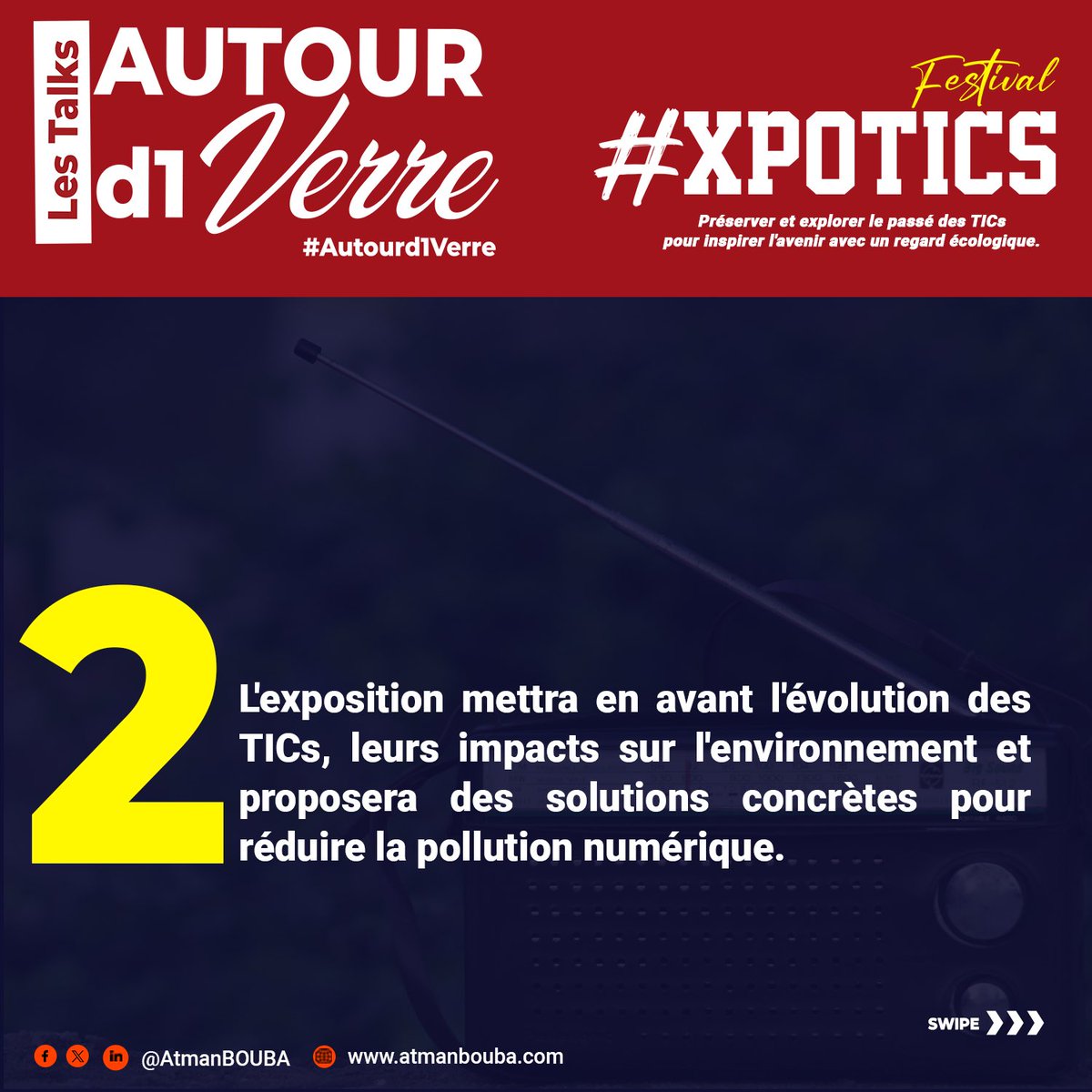 AtmanBOUBA's tweet photo. Depuis quelques jours, nous faisons du bruit autour du festival #XpoTICs. Voici tout ce qu'il faut savoir à propos de ce festival.
Les inscriptions, c’est par ici https://t.co/YzlScYKhjE 🚀
🆎#AtBOUBA #HistoireTICs #MyFirstTechStory #XpoTICs #TICs #Histoire. https://t.co/TYaScOwoqq