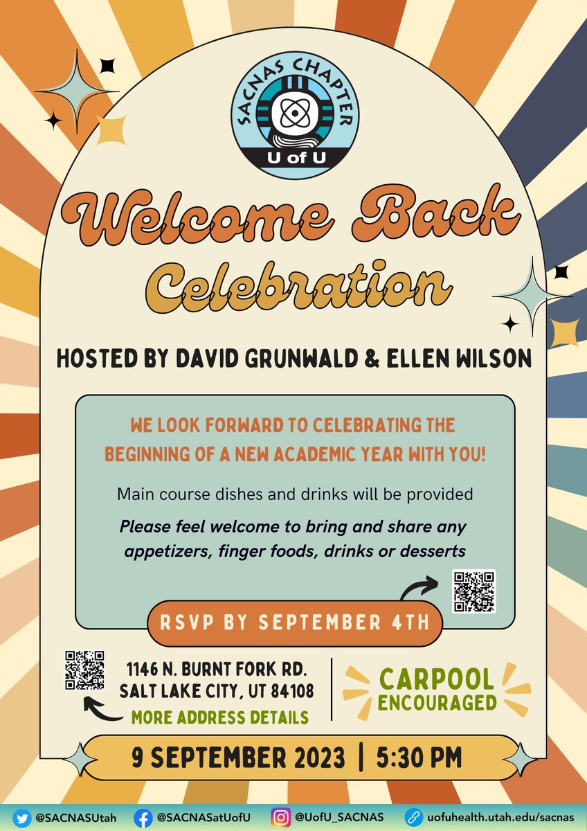 EVERYONE is welcome to join us on September 9th to celebrate the start of a new academic year! David Grunwald and Ellen Wilson will be providing the main courses for the evening, but please feel free to bring any appetizers, finger foods, drinks or dessert! (1/3)