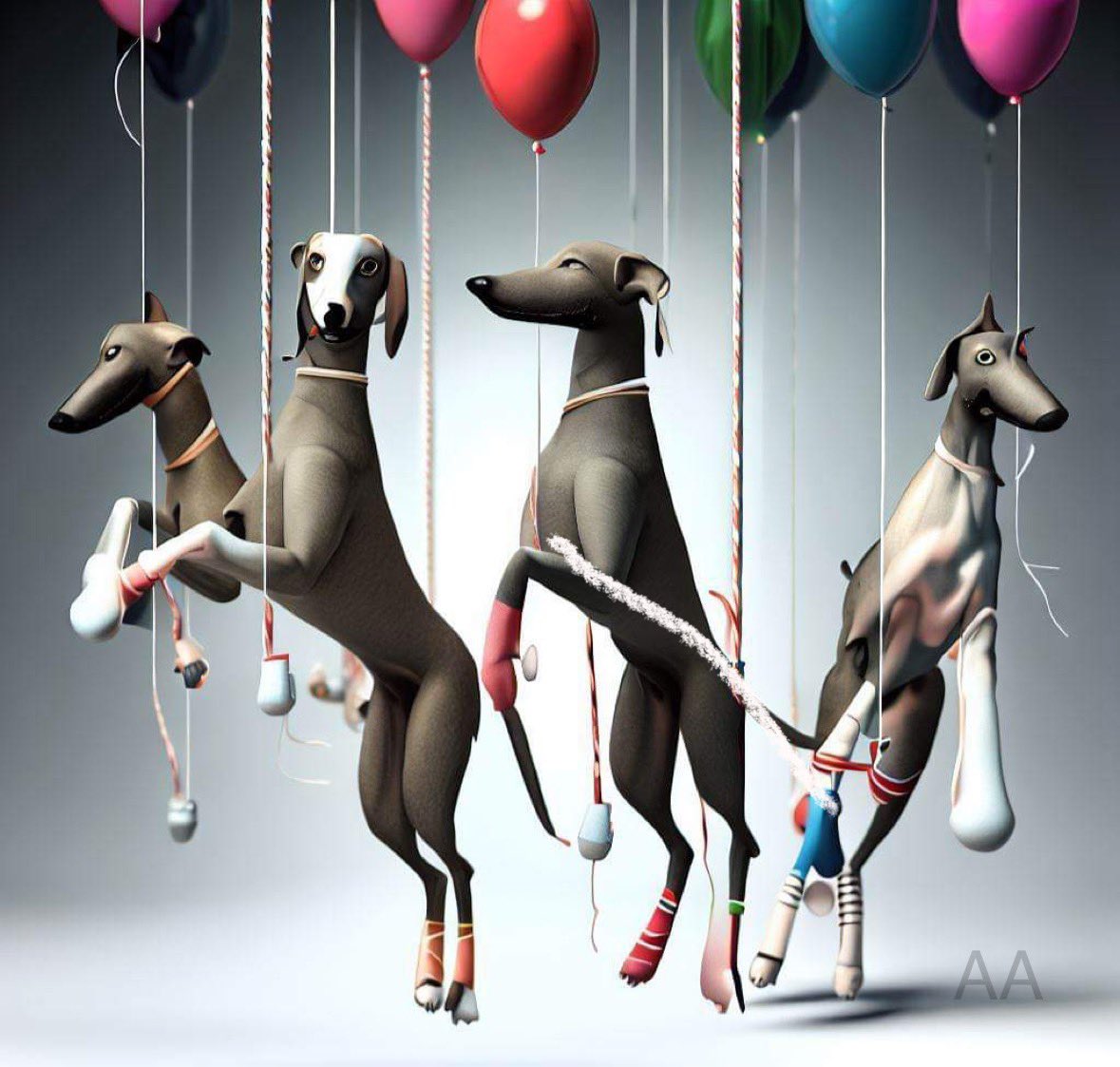 #NationalGreyhoundWeek

The racing industry damaging the legs of greyhounds for their celebrations.

AI art sent to us.

#greyhounds #rescuednotretired 
#Injured #bangreyhoundracing 
#cutthechase #unboundthehound