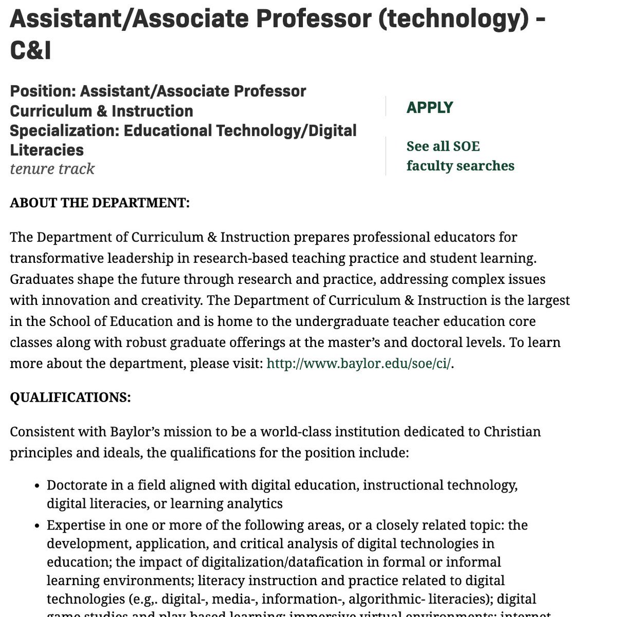 philnichols's tweet photo. Come be my colleague! @Baylor is hiring a TT assistant/associate professor of educational technology and/or digital literacies.

Wide range of focal areas — apply by 10/15!
 #literacies, @CivicsOfTech, #criticaledtech, #medialiteracy, #digitaleducation

https://t.co/9AwFBMeTdZ https://t.co/HL836fAWw2