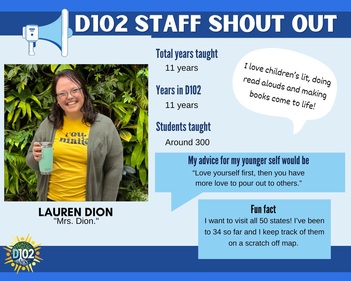 AptakisicTripp's tweet photo. Monday Staff Spotlight!
Mrs. Dion is a kindergarten teacher at Tripp. Thank you, Lauren, for all that you do for D102! #d102brightfuture https://t.co/9ntaePAqWz