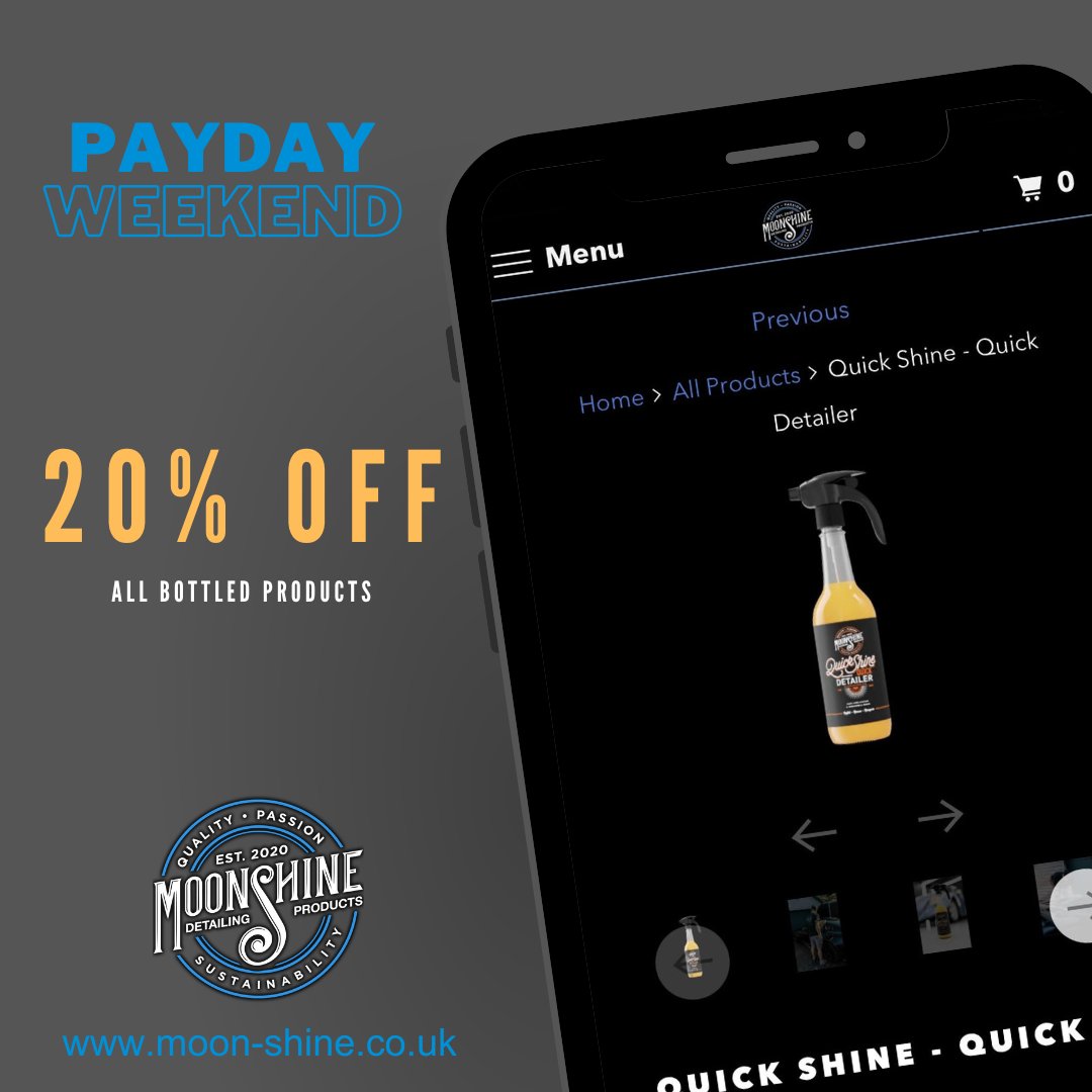 GetMoonshine's tweet photo. Treat yourself properly this payday weekend with 20% off our premium bottled liquids.

Simply use code '#payday' at checkout to get your 20% off

https://t.co/k9a4cASHCY

⭐️⭐️⭐️⭐️⭐️
•
 #detailing  #FridayVibes #FridayFeeling  #Automotive  #photooftheday  #Auto #cleaning  #SHINee https://t.co/XAw5yjAeSI