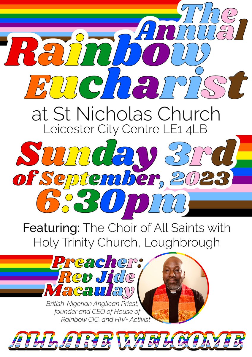 The Cathedral supports the community of the <a href="/StNicholasLeics/">St Nicholas' Church</a>, Leicester’s openly inclusive LGBTQ+ affirming church. Members of the Cathedral clergy + community will be attending their Rainbow Eucharist on Sunday at 6.30pm + joining a joyful Christian presence at Leicester Pride.