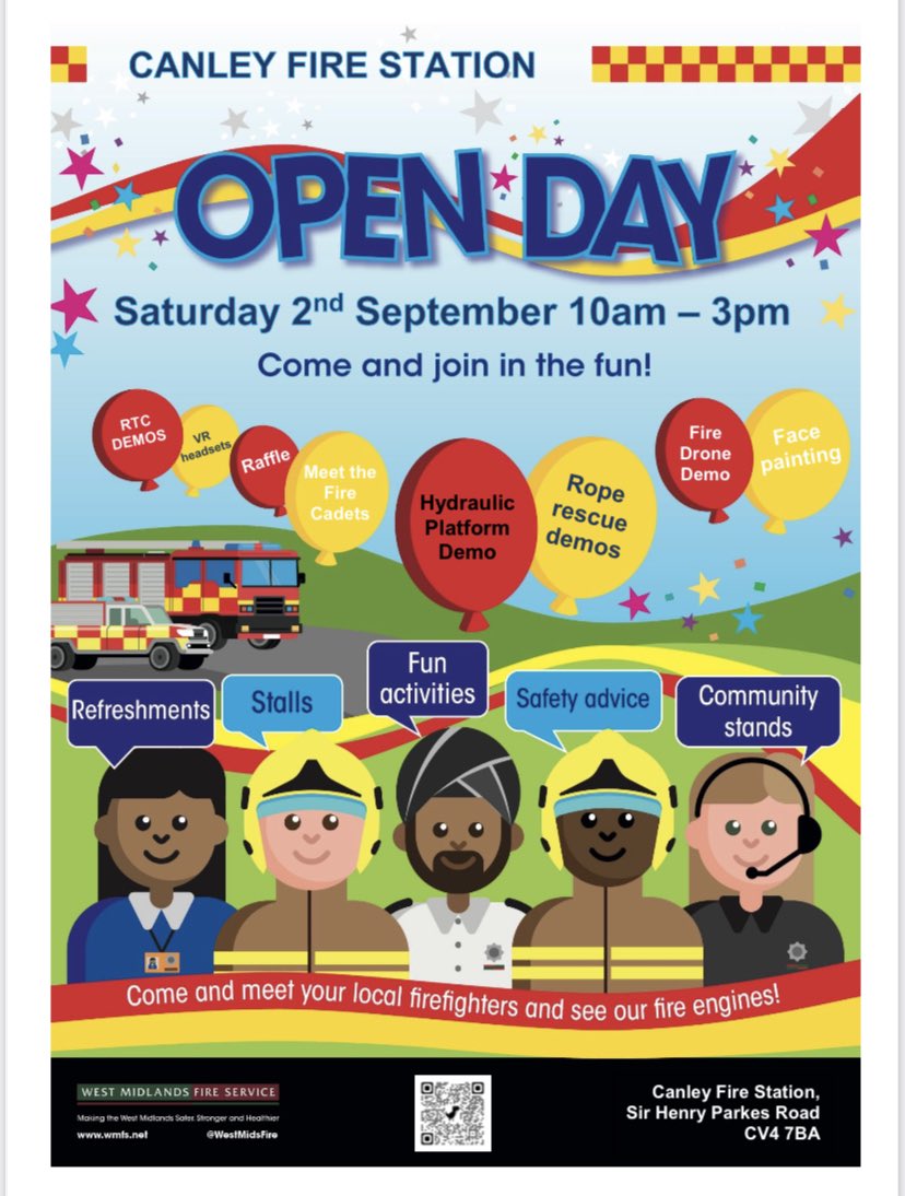 1 day to go Come along for a free fun day at your local Fire Station in Canley, Coventry🚒🚒 Lots of activities…. Beat a Firefighter getting dressed 🧑‍🚒👩🏽‍🚒👨🏼‍🚒 Water target practice💦 Face painting & craft activities🎨 Car extrication demo Drone demo 12-2pm Rope rescue demo……