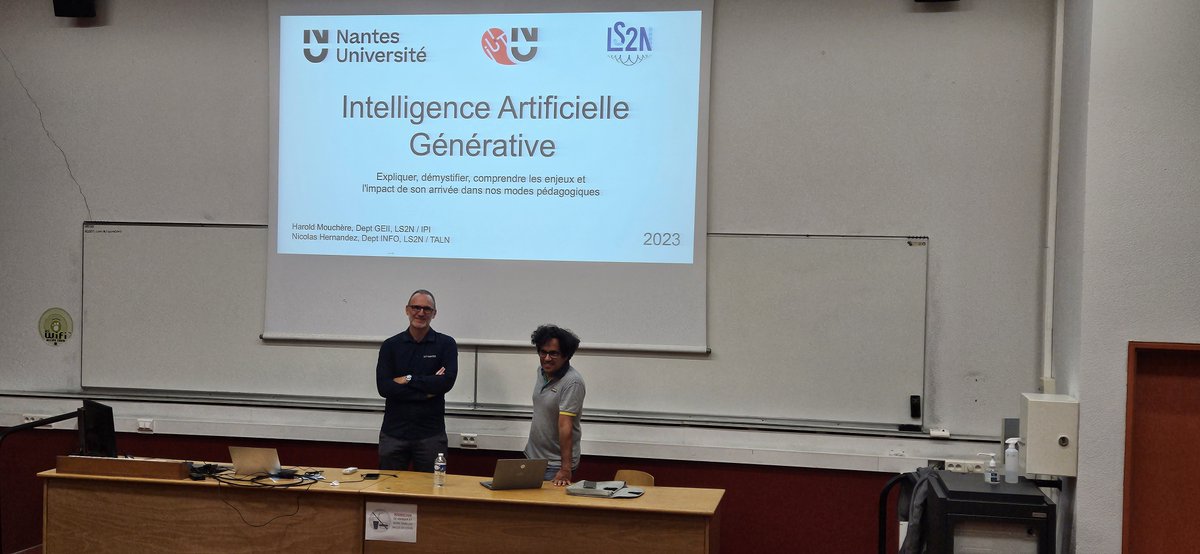 Intervention sur les "IA Génératives" avec Harold Mouchère lors de la journée de rentrée à l'IUT de Nantes.
Expliquer, démystifier, comprendre les enjeux et l'impact de son arrivée dans nos modes pédagogiques
<a href="/NantesUniv/">Nantes Université</a> <a href="/IUTNantes/">IUTNantes</a> <a href="/taln_ls2n/">TALN</a> <a href="/HaroldMouchere/">Harold Mouchère</a>