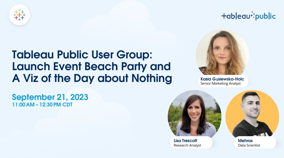 Tableau Public (@tableaupublic) on Twitter photo Mark your calendars for the new Tableau Public User Group first-ever session on September 21st! 🗓️
Join speakers <a href="/ItsMehras/">Mehras Abdoli</a>, <a href="/bluedilphia/">Kasia Gasiewska-Holc</a>, and <a href="/LisaTrescott/">Lisa Trescott</a> to get inspired with past Viz of the Days and Featured Authors. #PubTUG
tabsoft.co/3R5h6hg Mark your calendars for the new Tableau Public User Group first-ever session on September 21st! 🗓️
Join speakers <a href="/ItsMehras/">Mehras Abdoli</a>, <a href="/bluedilphia/">Kasia Gasiewska-Holc</a>, and <a href="/LisaTrescott/">Lisa Trescott</a> to get inspired with past Viz of the Days and Featured Authors. #PubTUG
tabsoft.co/3R5h6hg