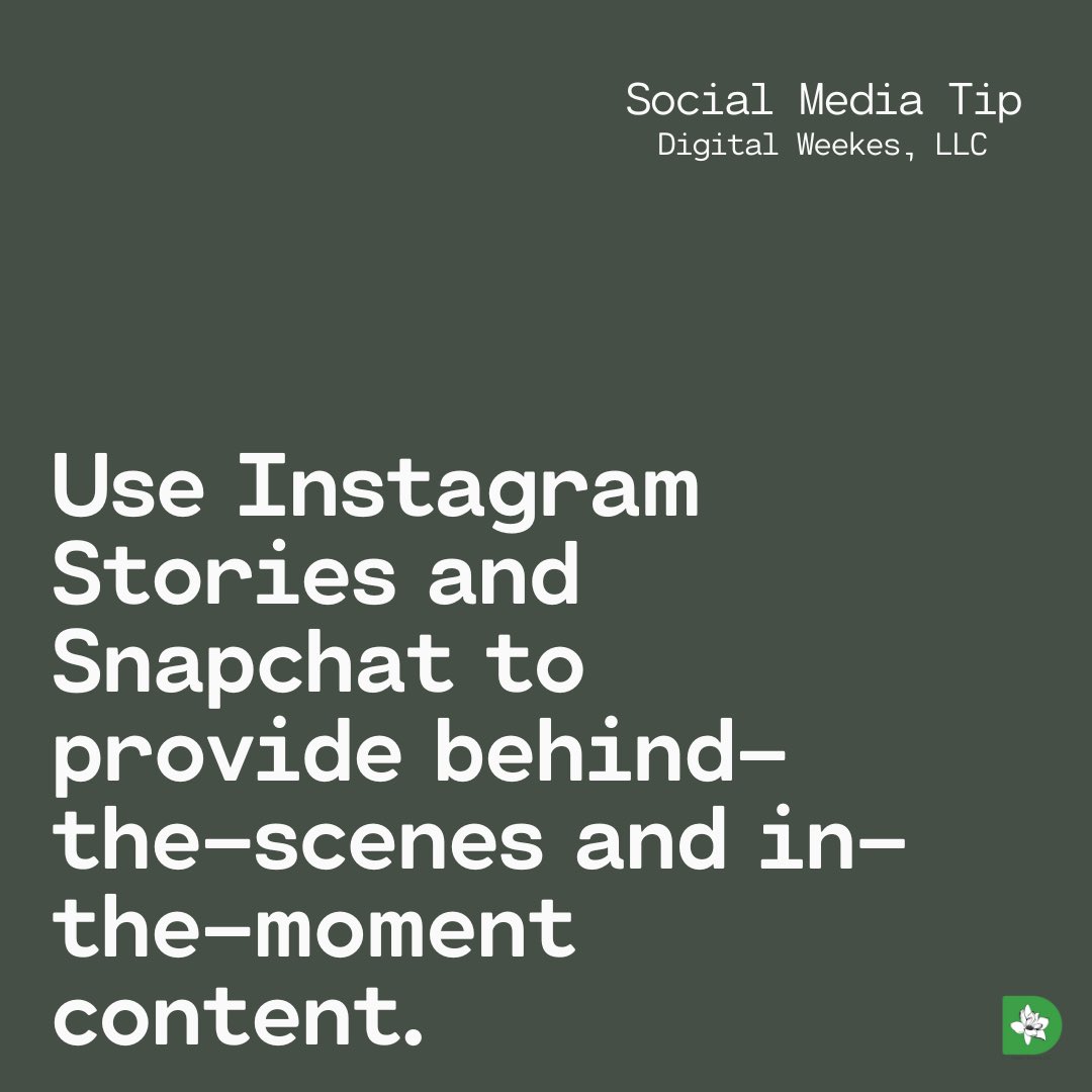 Use Instagram Stories and Snapchat to provide behind-the-scenes and in-the-moment content.
.
.
#socialmediacontenttips #contentmarketing #socialmediamanager #weeklytips #contentcreation #socialmediatip