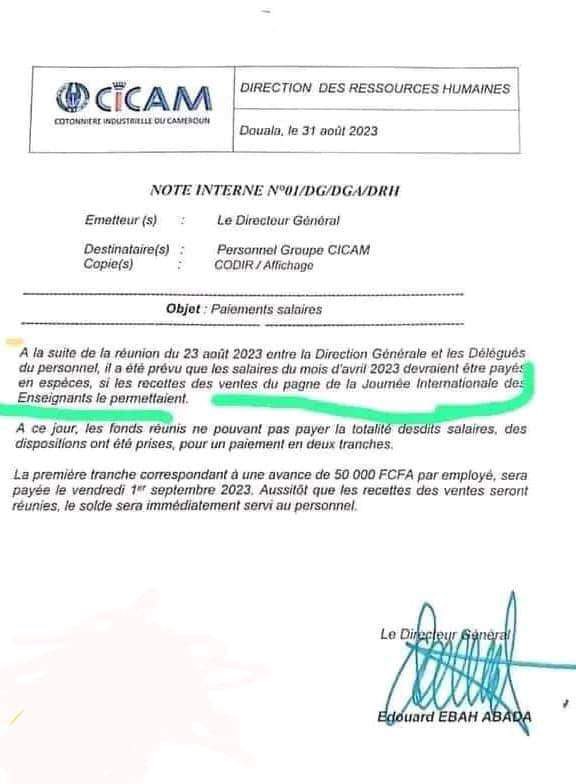 Si les enseignants ne paient le pagne le 05 octobre la CICAM ferme. Contactez tous les membres de votre famille qui sont enseignants pour qu’ils réalisent un geste patriotique pour préserver une entreprise et l’avenir de ses salariés