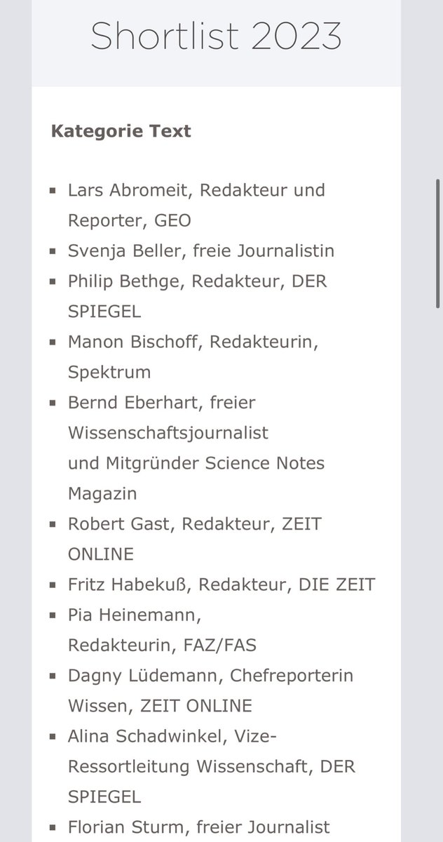 Freue mich, mit vielen tollen Kolleg:innen auf der Shortlist für den Holtzbrinck-Preis für Wissenschaftsjournalismus zu stehen ⁦@NeuerTag⁩ ⁦@LarsAbromeit⁩ ⁦@BerndEberhart⁩ ⁦@Gastrobo⁩