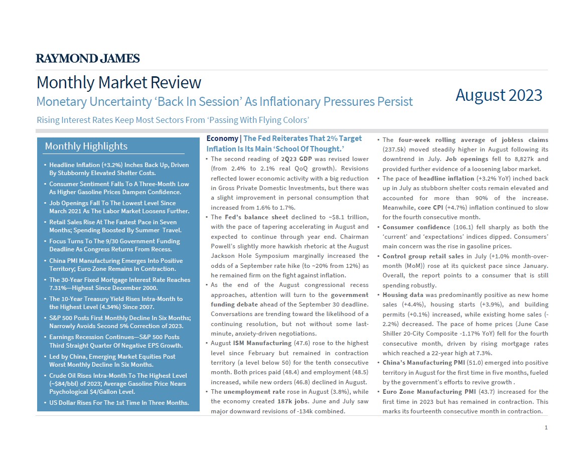 LarryAdamRJ's tweet photo. Our #MonthlyMarketReview: “Monetary Uncertainty ‘Back In Session’ As Inflationary Pressures Persist,” provides a detailed recap of the performance of various #markets and #assetclasses in the month of August. https://t.co/0t0eU5CAIB https://t.co/duX7MkD9SJ