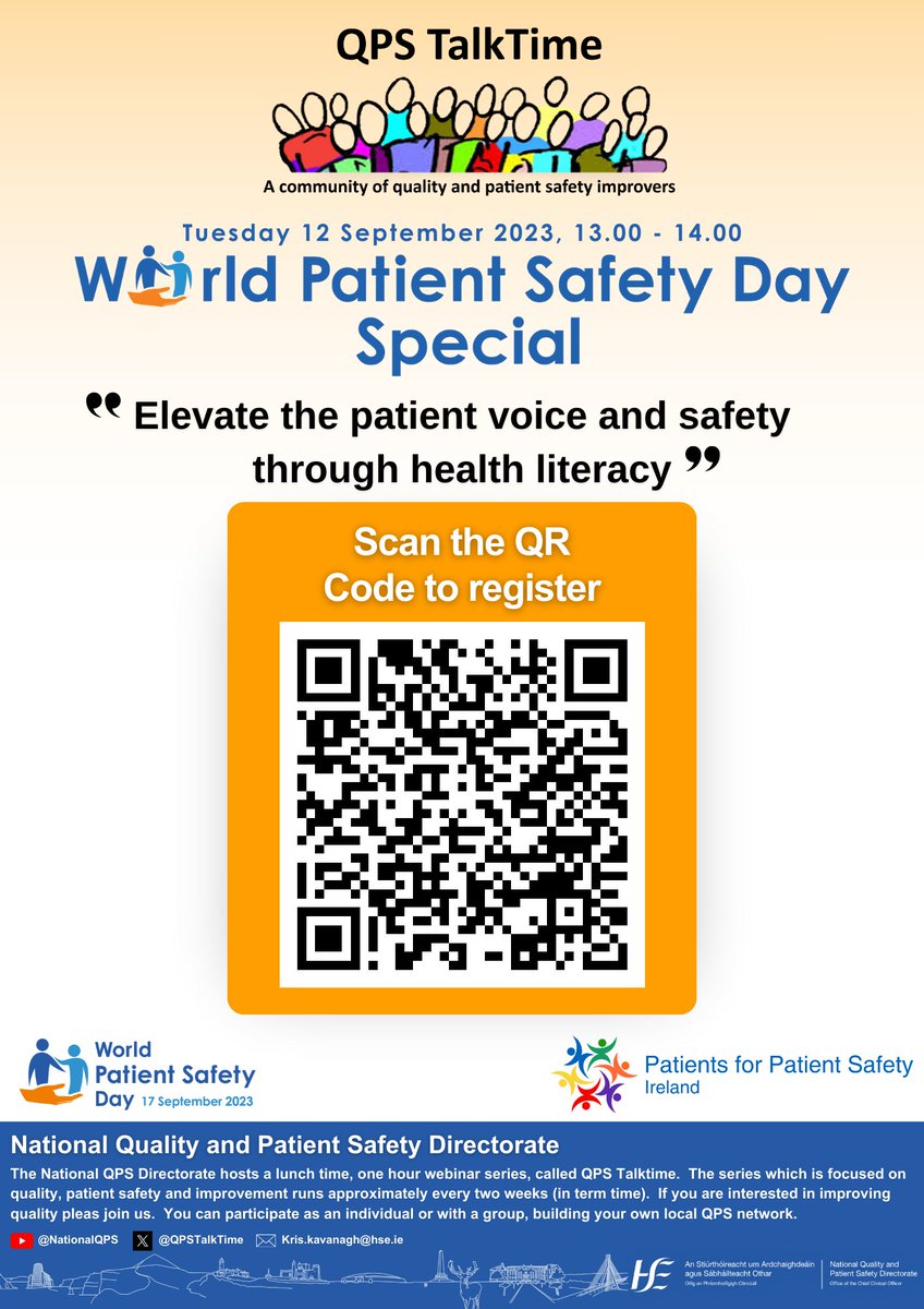 🌟Register below for the World Patient Safety Day, QPS TalkTime special on the 12th September at 1pm. #WPSD23

👉bit.ly/QPSTalkTime-WP…