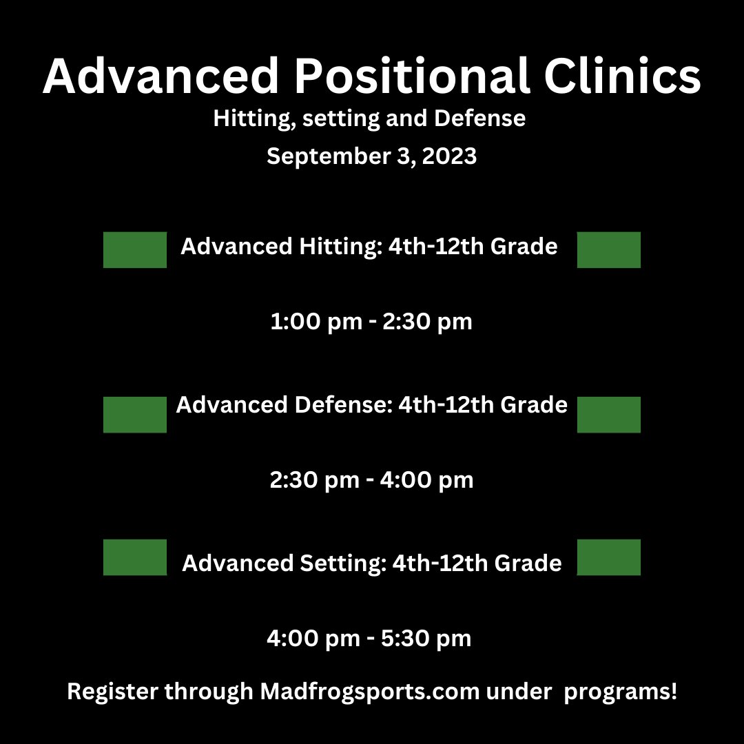 Sign up now at Madfrogsports.com ! Advanced positional clinics 4th-12th grade