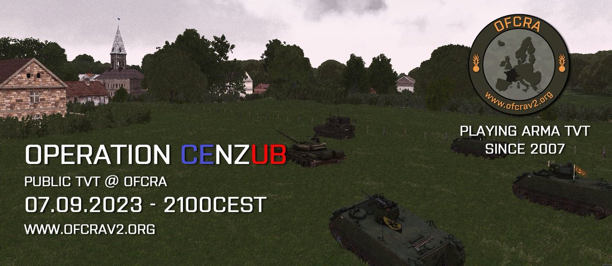 Join us on Thursday September 7 for our next big public #tvt #arma3 event, Operation CENZUB!
More informations on our forum ofcrav2.org/forum/index.ph… and registration on discord: discord.gg/bWtGS7N <a href="/ArmaPlatform/">Arma Platform</a>