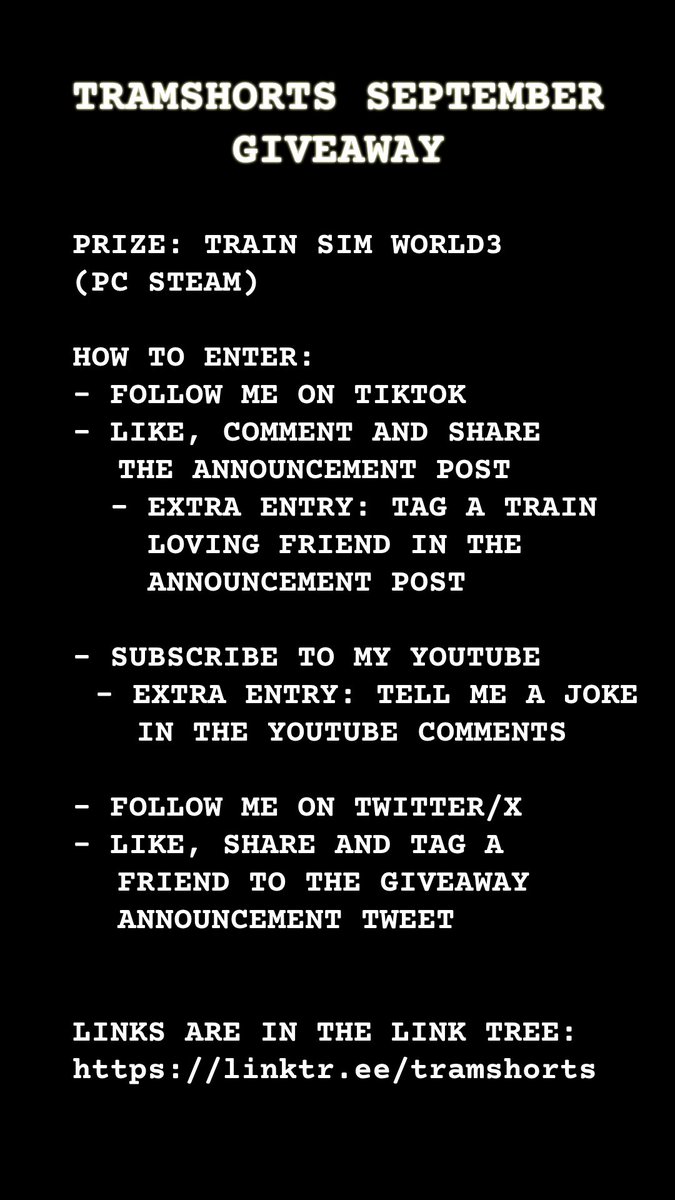 tramshorts's tweet photo. TramShorts Giveaway time!
👀 Here's the golden rule: Examine every single entry like a treasure map! 🗺️ The more entries you explore, the greater your odds of becoming the proud owner of Train Sim World 3. It's your time to shine, and we've got the spotlight ready for you! 🌟 https://t.co/FEOebtjyIz