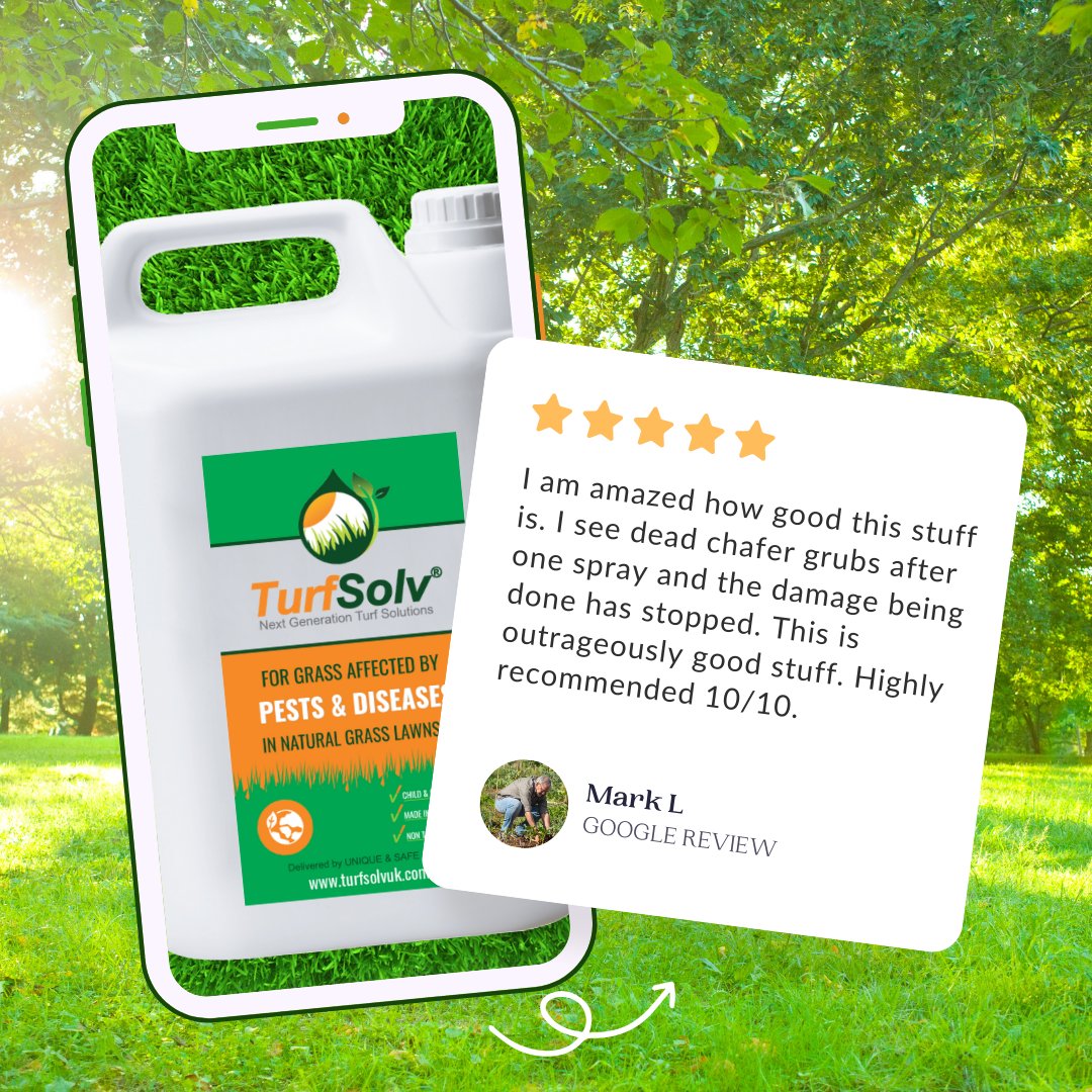 TurfSolvUk's tweet photo. "I am amazed how good this stuff is. I see dead chafer grubs after one spray and the damage being done has stopped. This is outrageously good stuff. Highly recommended 10/10." Mark L - GOOGLE

#chafergrub #turfsolv #lawncare #lawnpests #healhtylawns #leatherjacketgrub https://t.co/sSad7B1V61