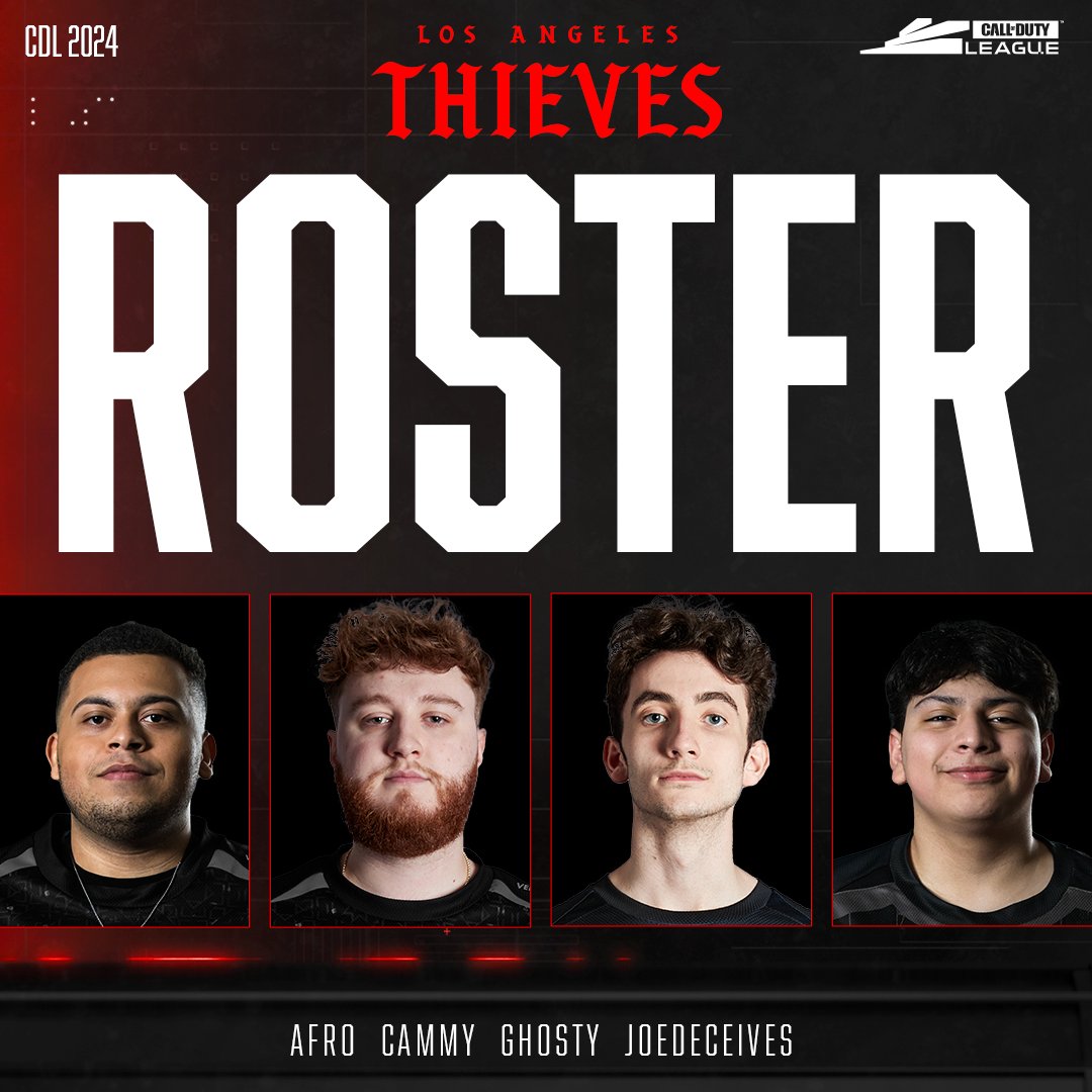 CODLeague's tweet photo. Official @LAThieves roster heading into #CDL2024

◈ @AstrosInMyAfro 
◈ @CammyMVP 
◈ @oDanGhosty 
◈ @JoeDeceives 

#LAThieves https://t.co/kH6AWymAlQ