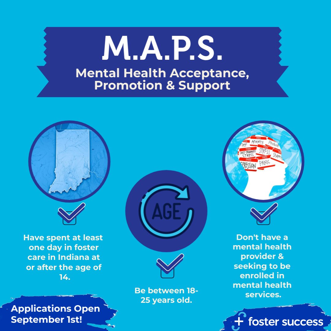 M.A.P.S. application is open!
This unique program works to connect participants to continuous mental health services while providing up to 8 free therapy sessions in the meantime!
Sign up here: fostersuccess.org/health-well-be…