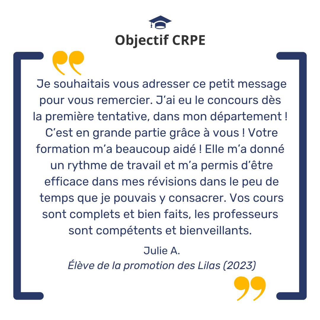 ObjectifCrpe's tweet photo. Julie A. lauréate du CRPE 2023 et élève chez Objectif CRPE, témoigne de son expérience de la prépa !
Si vous aussi, vous souhaitez être prêt(e) pour les épreuves du CRPE 2024, rejoignez notre prépa dès maintenant 👉 https://t.co/jTp311Jn7j
#crpe #crpe2024 #objectifcrpe https://t.co/fRTW23pPZL