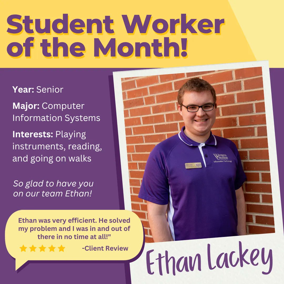 WCUTechCommons's tweet photo. Meet Ethan, our Student Worker of the Month! Ethan is a senior here at Western and is majoring in Computer Information Systems. In his free time he likes playing instruments, reading, and going on walks! So glad to have you on our team Ethan! https://t.co/oNt5WtxonV