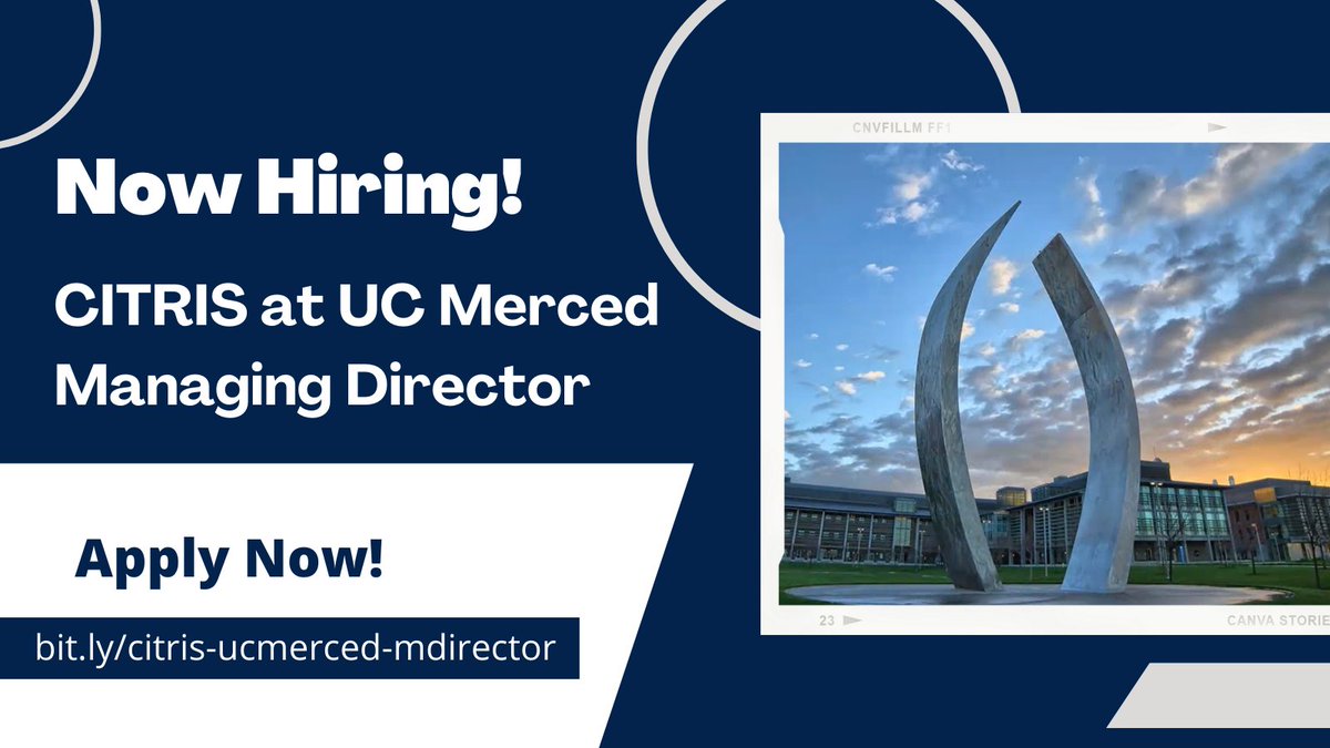 #NowHiring! CITRIS's @UCMerced campus is seeking a dynamic &amp; capable managing director to oversee programming &amp; operations in cooperation with the faculty director. Learn more &amp; apply: bit.ly/citris-merced-…