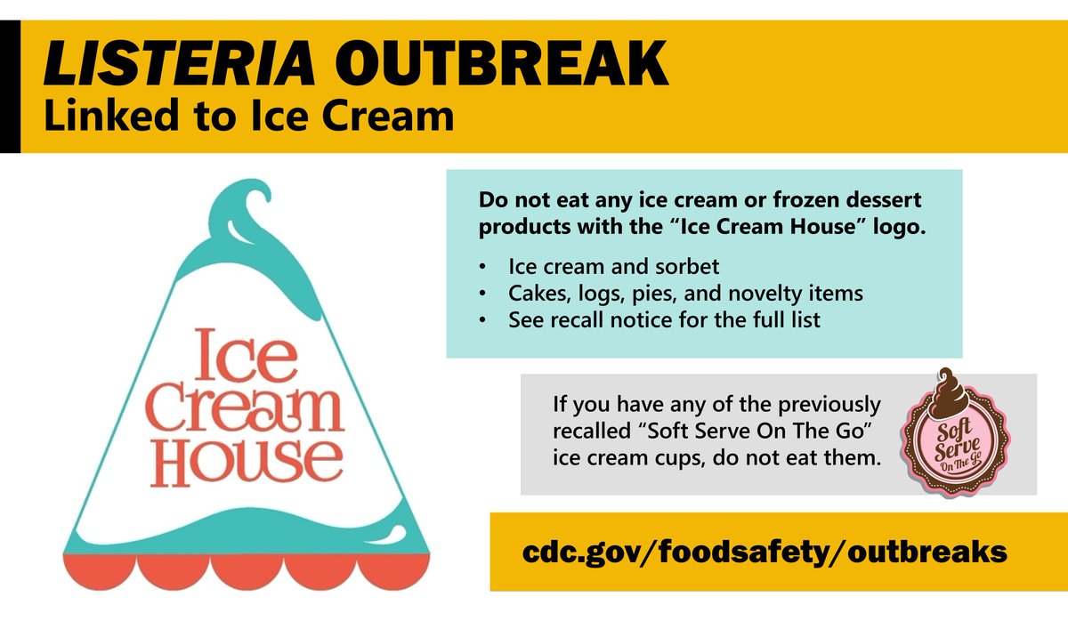CDCgov's tweet photo. LISTERIA OUTBREAK UPDATE: The outbreak strain of Listeria was found in another brand of ice cream. Do not eat any ice cream or frozen dessert products with the “Ice Cream House” logo or the “Soft Serve On The Go” ice cream cups. For more info: https://t.co/QeiJRSWsi2 https://t.co/osqhvZN7Lh