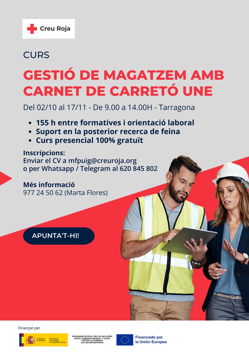 CreuRojaTGN's tweet photo. [ #PlanEmpleoCruzRoja ]

💪 Comença setembre planificant la cerca de feina 🎓 Forma't en un sector amb una gran oferta d'ocupació.
📣 Pròximament s'iniciarà el curs en Gestió de magatzem amb carnet de carretó UNE. 

❗ Apunta't ja! ❗
 #CreuRojaTGN  #RetoSocialEmpresarial #POISES https://t.co/A5Lbk5RwbC