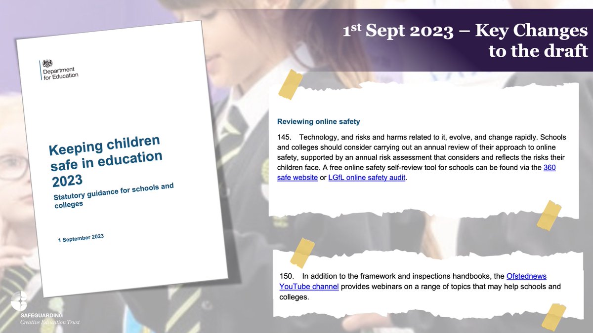 🚨 KCSIE 2023 Update 🚨

The latest version of ‘Keeping Children Safe in Education’ is now in effect! The main amendments from the draft version are in paragraphs 142 and 150.

Annex F contains details on all the updates from last year's version.

🔗 | assets.publishing.service.gov.uk/government/upl…