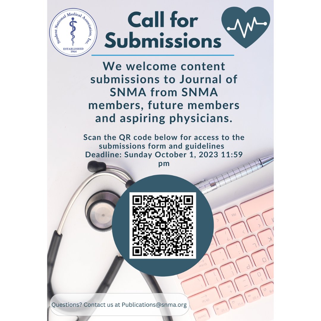 SNMA's tweet photo. ONE MONTH LEFT FOR SUBMISSIONS TO THE JSNMA! 

Whether it's your research findings, insights on healthcare, abstract, artwork or photography, we want to hear from you! 

#SNMA #JSNMA #minorityinmedicine #doctor #medschool #diversity #research #abstracts https://t.co/TPwS9RgMkE