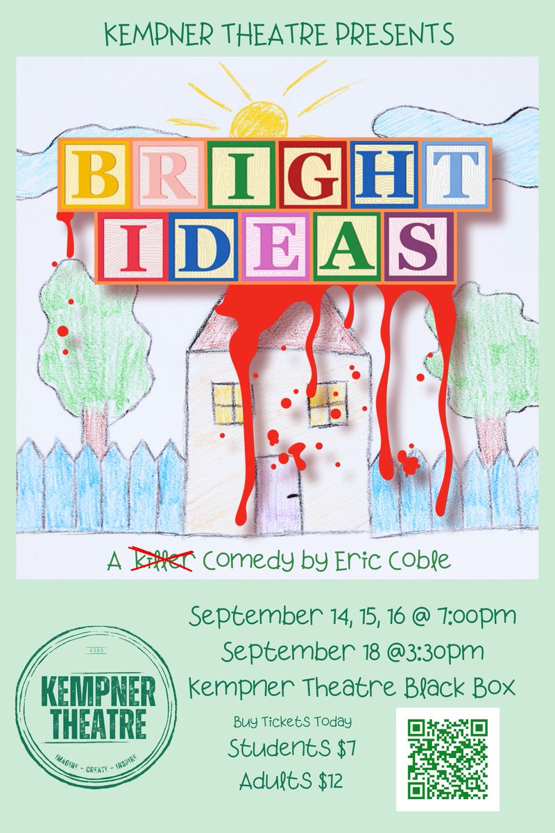 In just 2 weeks we open Bright Ideas by Eric Coble. Follow desperate parents Gen and Josh as they do everything they can to get their son into the top pre-school. Buy your tickets to this killer comedy today! We will sell out! kempner-theatre.ticketleap.com/bright-ideas/ <a href="/KHS_Cougars/">Kempner High School</a> <a href="/TheKHSLibrary/">Kempner Library</a>
