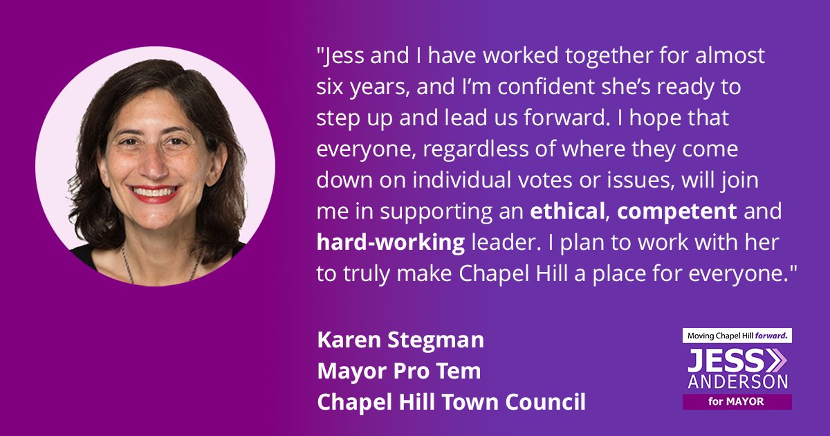 Proud to be endorsed by 19 appointed & elected officials from @chapelhillgov @chccs @CarrboroGov & @OCNCGOV, including @Stegman4CH. Thank you, Karen! ♥️✊ 
#integrity #hardwork #competence #ethics #aplaceforeveryone
jessformayor.org/endorsements