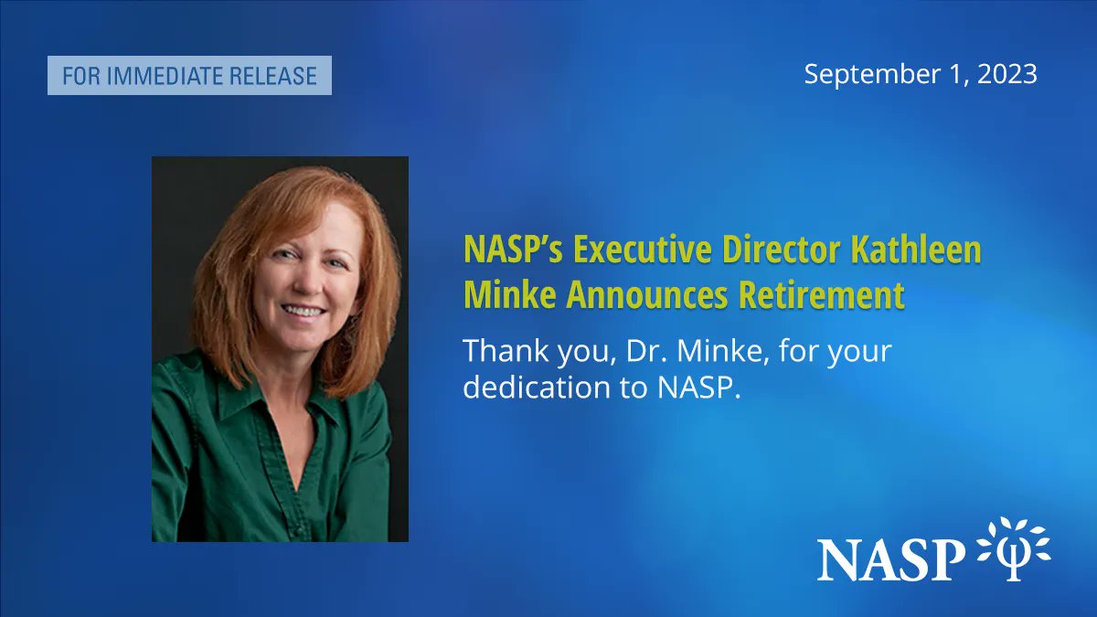 After serving as NASP’s Executive Director since 2018, Dr. Kathleen Minke has announced that she will step down from her position once a successor has joined the association in 2024. 
Thank you, Dr. Minke, for your dedication to NASP! bit.ly/45wj8eD