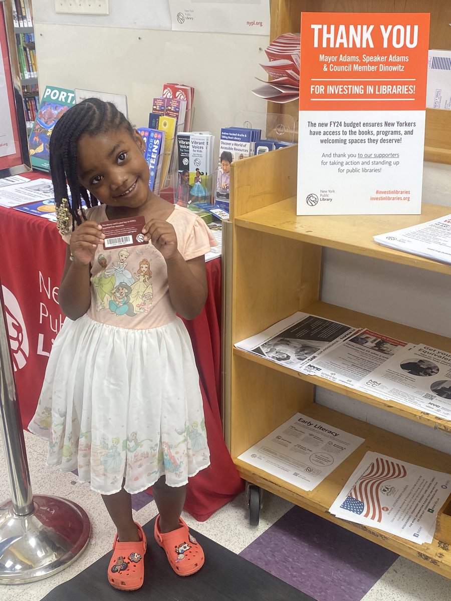 EbRenee's tweet photo. My girl got her first library card! Thank you @EricDinowitzNYC  @NYCSpeakerAdams for funding @nypl https://t.co/bPTmytNhA9