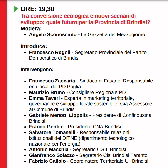 CislTaBr's tweet photo. #1settembre #Carovigno #ore19.30 @gianfr_solazzo ospite del Festival provinciale de l’Unità, per un confronto a più voci sul tema “Tra conversione ecologica e nuovi scenari di sviluppo: quale futuro per la Provincia di Brindisi?” @CislNazionale @CislPuglia https://t.co/AStCSKzPiV