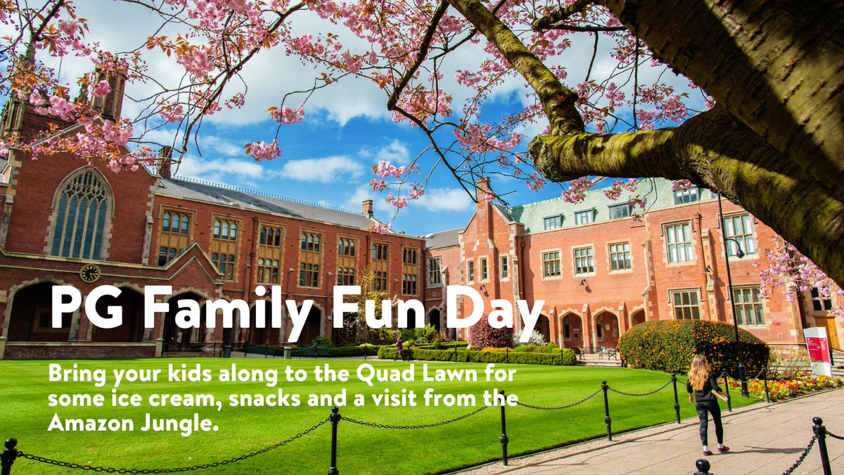 qubgradschool's tweet photo. Come along to our Postgraduate Family Fun Day, Saturday 16th September.

Bring your kids to the Quad Lawn for some ice cream, snacks and a visit from the Amazon Jungle.

Book your place now: https://t.co/uaau27bug5

#GraduateSchoolCommunity #LoveQUB https://t.co/9dVGrlOayu