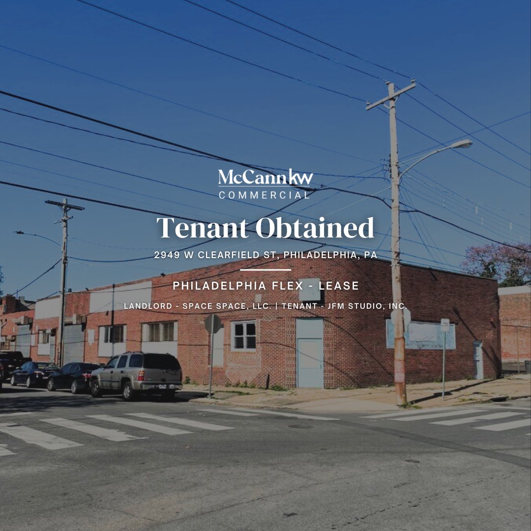 McCannCRE's tweet photo. #TENANTOBTAINED  🤝

@TyMartinCRE exclusively represented Space Space LLC on their flex lease at 2949 W Clearfield St, Philadelphia, PA.

#LandlordRep #PhillyCRE #PHLCRE #FlexLease https://t.co/S5Y4AqpPZf