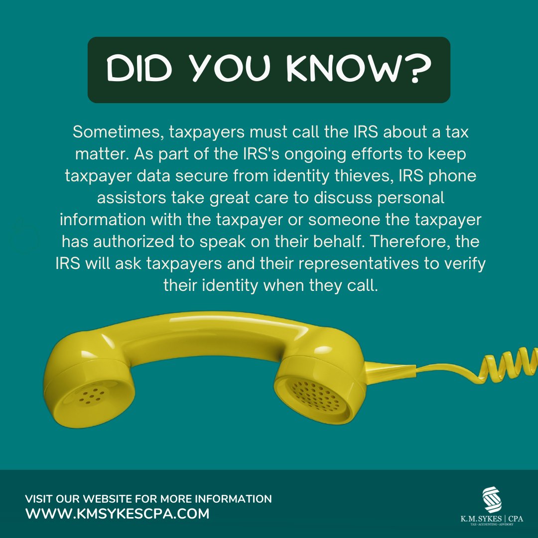 KMSYKESCPAPC's tweet photo. Calling the IRS About Your Own Tax Matter
You should have the following information ready before calling the IRS;

Visit https://t.co/UEtWlJuY79.

#CPA #accountingfirm #TaxServices #BlackCPA #AccountingServices #SmallBusinessOwners #BlackExcellence https://t.co/k5tS4nRqyC