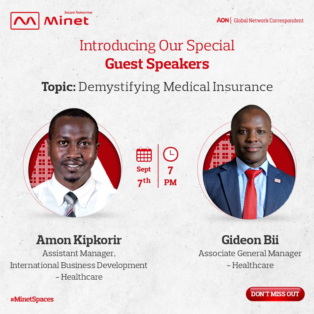 Minet_Kenya's tweet photo. 🎙️ Meet our speakers for "Demystifying Medical Insurance": Amon Kipkorir &amp; Gideon Bii, seasoned health insurance experts at Minet Kenya who will be sharing incredible insights. 🩺💬

Get ready to learn by setting a reminder via: https://t.co/dsm6EjvmHL

#InsuranceUnveiled #Health https://t.co/MfD71BiJ0L