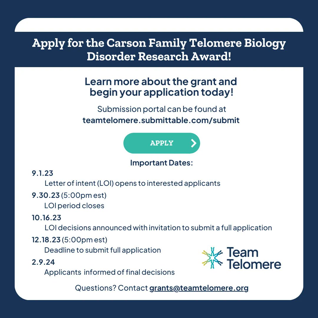 The Carson Family Telomere Biology Disorder Research Award is accepting applicants! The goal of this $100,000 award from Team Telomere is to support research initiatives addressing critical gaps in our understanding of TBDs. Learn more & apply bit.ly/CarsonFamilyTB…!