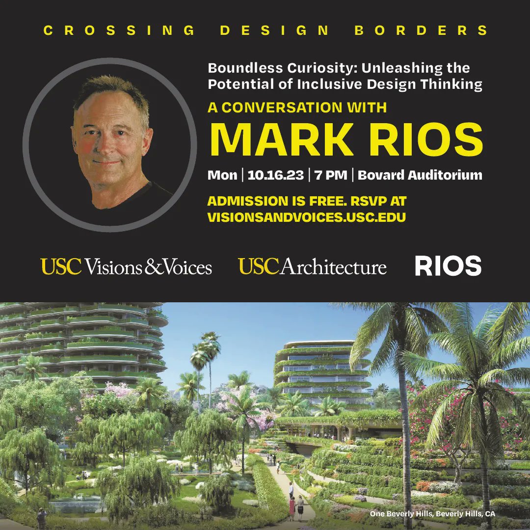 USC Architecture (@uscarchitecture) on Twitter photo RSVP opens today at visionsandvoices.usc.edu!
Join us on October 16 for the inaugural event of Crossing Design Borders, an annual speaker series launched by the USC School of Architecture in partnership with USC Visions and Voices, with Mark Rios.
<a href="/rios/">Jorge Rios</a>.imagines
@uscvandv RSVP opens today at visionsandvoices.usc.edu!
Join us on October 16 for the inaugural event of Crossing Design Borders, an annual speaker series launched by the USC School of Architecture in partnership with USC Visions and Voices, with Mark Rios.
<a href="/rios/">Jorge Rios</a>.imagines
@uscvandv