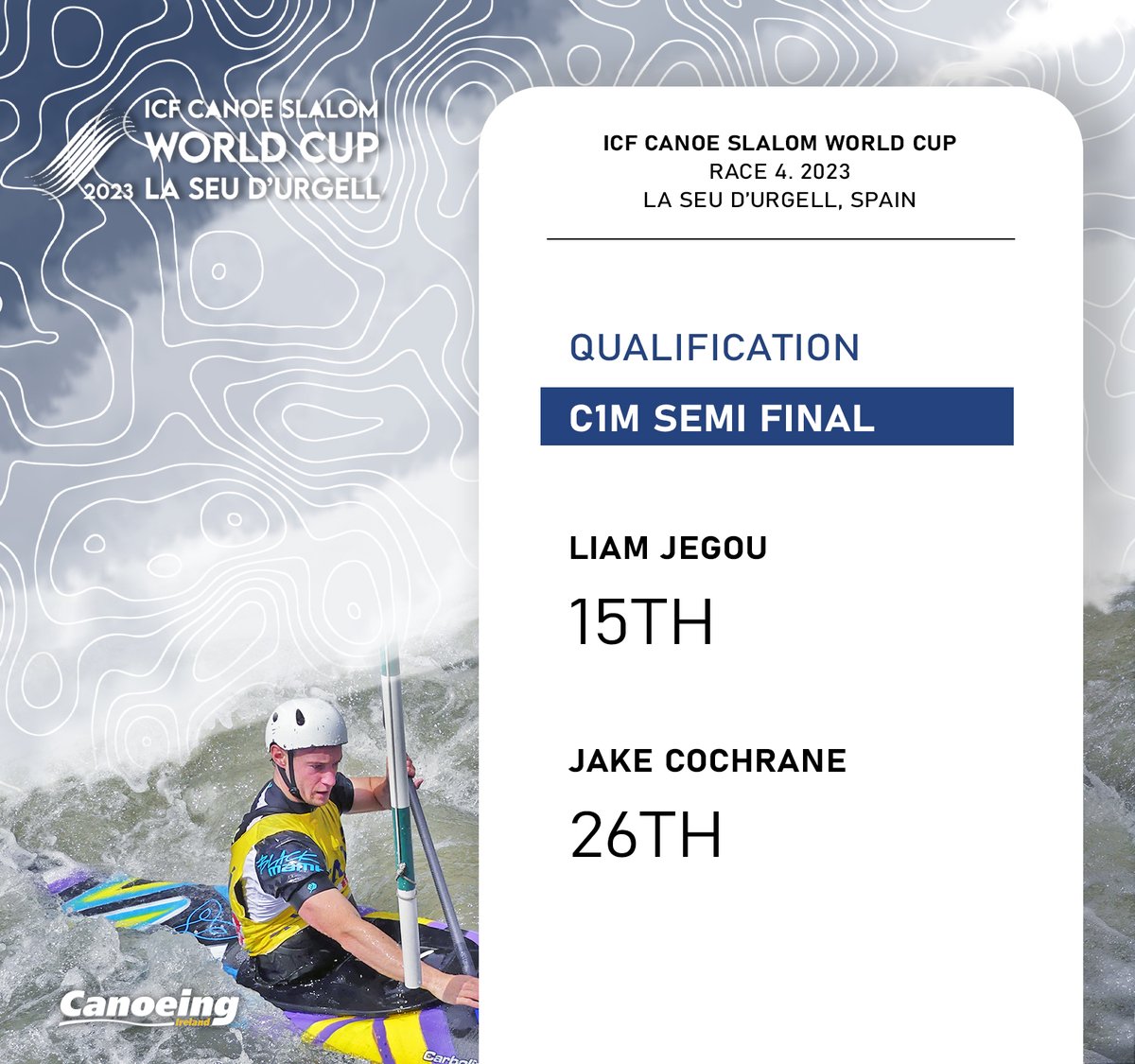 Liam Jegou displays a solid effort in the C1M semi final, just missing the qualification by 15th place. Jake Cochrane finishes behind in 26th place, also missing the qualification into the finals.

Keep up with the live results here!
canoeicf.com/canoe-slalom-w…