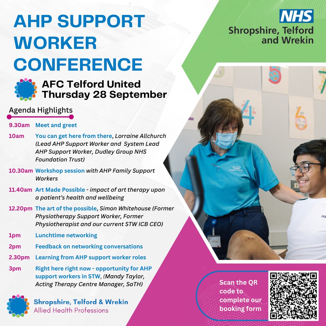 🚨We still have some places available for this great CPD hybrid event for AHP SUPPORT WORKERS across STW👩🏻‍⚕️ 

🧑🏽‍💻You can sign up here and there are online spaces available too for those who can’t make it in person👇

forms.office.com/Pages/Response…

#AHPSTW #SupportWorker #Conference #CPD