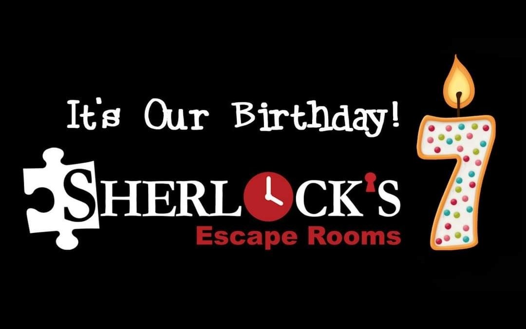 SherlocksEscape's tweet photo. Happy birthday, Sherlock's Escape Rooms! Use code FUN7 to save $7 on your next 1 hour escape room. Ends Sept. 7th. Restrictions may apply. https://t.co/h2tUaTx2RY https://t.co/8HT8wEjO1v