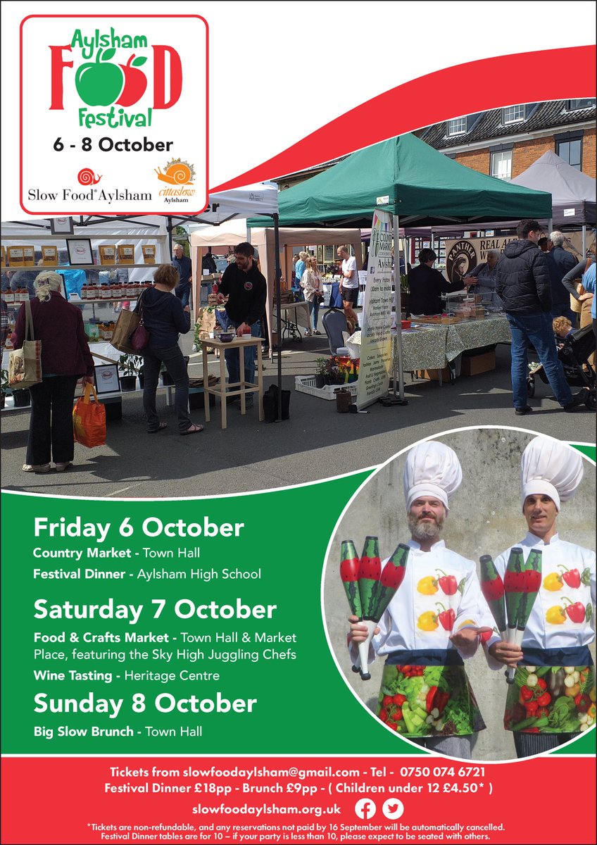 Coming soon - the three-day Aylsham Food Festival from 6-8 October. Book your tickets now to avoid disappointment. See our website slowfoodaylsham.org.uk for details or email slowfoodaylsham@gmail.com to book.
@amazingaylsham
<a href="/aylshamhigh/">Aylsham High</a> <a href="/AHSFoodies/">AHSFoodies</a>
@TACTrust
<a href="/TanyaWiseman25/">Tanya Wiseman</a>