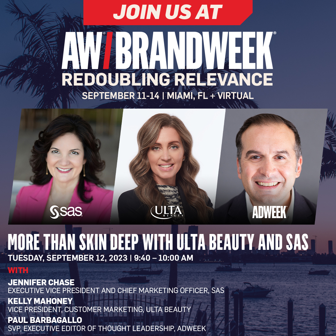 Are you joining me in Miami for #Brandweek September 11-14? Don't miss the main stage session on Tuesday, Sept. 12, featuring SAS CMO <a href="/JennChase/">Jennifer Chase</a> and Kelly Mahoney of <a href="/ultabeauty/">Ulta Beauty</a>. For a preview of what's to come, check out: 2.sas.com/6019PQdiR <a href="/Adweek/">ADWEEK</a>
