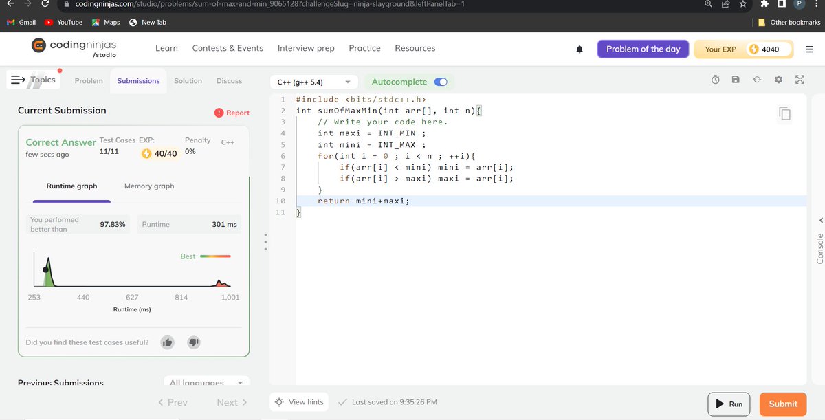 Prash_j96's tweet image. Day : 20/21      
Challenge by Coding Ninja          

 Question : Sum of min and max in array

@CodingNinjasOff @drinkslaycoffee
#NinjaSlayground #CodingNinjasStudio