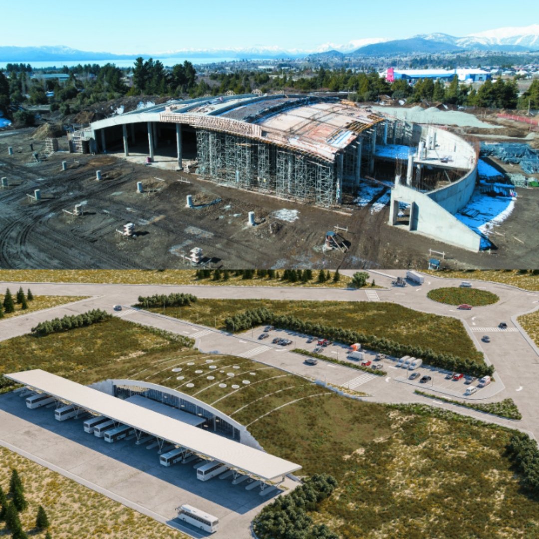 La Terminal de Ómnibus de #Bariloche va tomando forma!
👷‍♀️La obra ya permite apreciar el techo que será con cobertura natural, lo que le otorgará aislamiento térmico. 
✅️Avance: 26%.