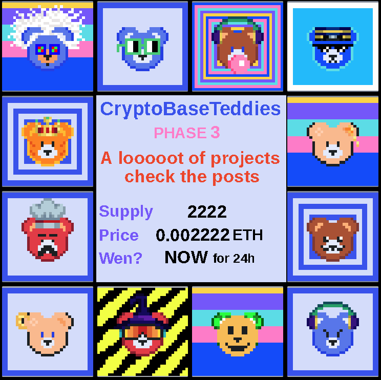 🚨 Live: CryptoBaseTeddies MINT PHASE 3🚨

~30 Projects - allowlisting 76k addresses 

You can mint 2x BaseTeddies  🐻💙

24h time after that the next PHASE will start
Are your projects eligible?
🔽🔽🔽🔽

#BuildOnBase #OnchainSummer